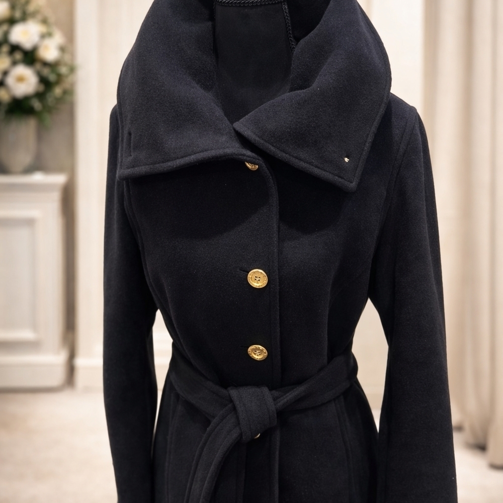 Authentic Coach Double Breasted Wool Angora Belted Coat Size M Black Gold Button - Picture 3 of 5